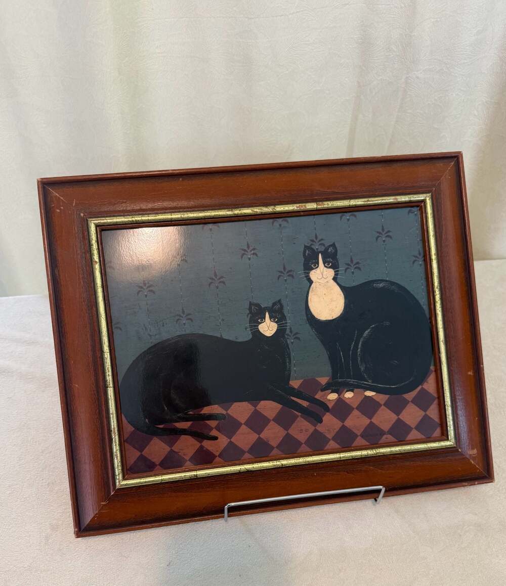 Warren Kimble Framed Checkerboard Black Cats Folk Art Print